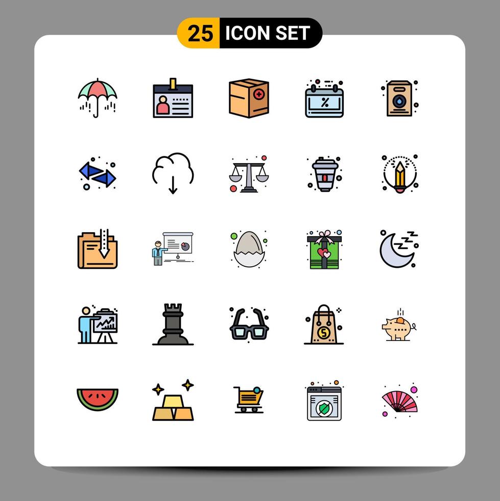 25 interface do usuário linha cheia pacote de cores planas de sinais modernos e símbolos de identificação de calendário de venda de programação preto e elementos de design de vetores editáveis