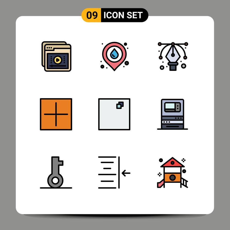 conjunto de cores planas de linha preenchida de interface móvel de 9 pictogramas de mapa aberto em tela cheia nova ferramenta elementos de design de vetores editáveis