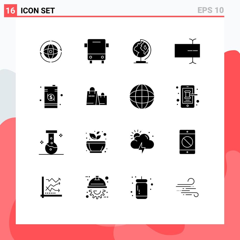 16 conceito de glifo sólido para sites móveis e aplicativos de transporte de campo de negócios cursor em todo o mundo editável elementos de design vetorial vetor