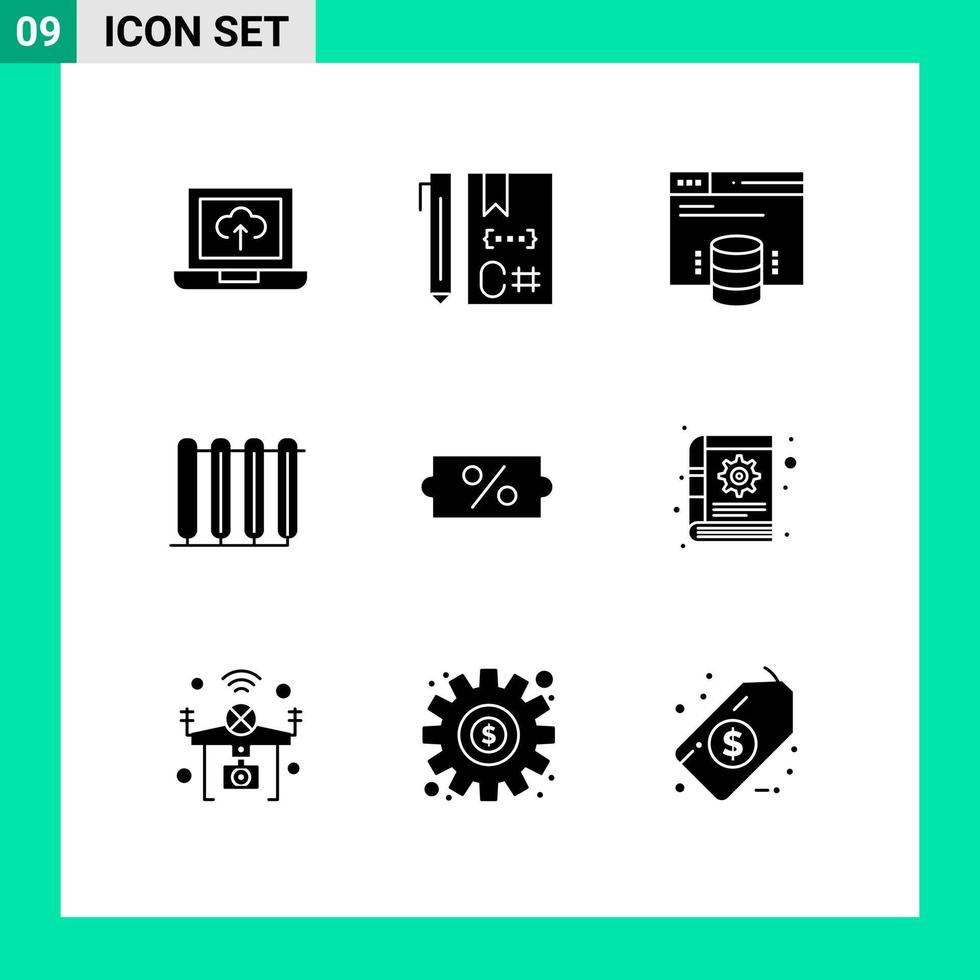 conjunto de 9 sinais de símbolos de ícones de interface do usuário modernos para radiador de desconto, hospedagem de site, bateria quente, elementos de design de vetores editáveis