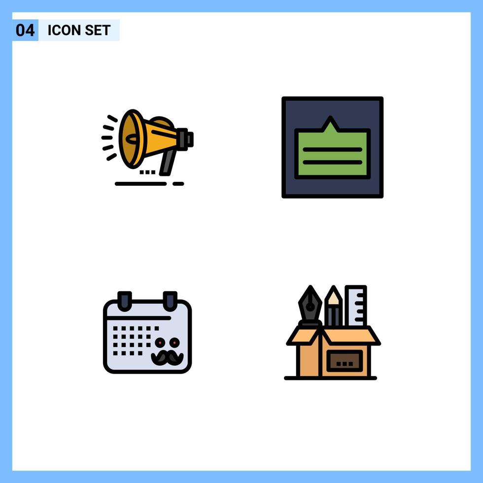 Pacote de cores planas de 4 linhas preenchidas de interface de usuário de sinais e símbolos modernos de links de anúncio de calendário de alto-falante pai elementos de design de vetores editáveis