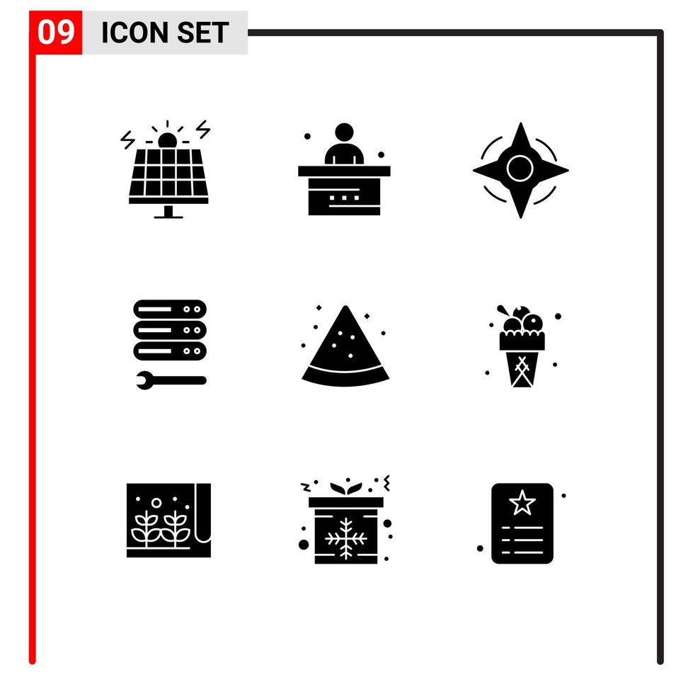 pacote de 9 sinais e símbolos de glifos sólidos modernos para mídia de impressão na web, como elementos de design de vetores editáveis de servidor de chave de estudo da web de fatia