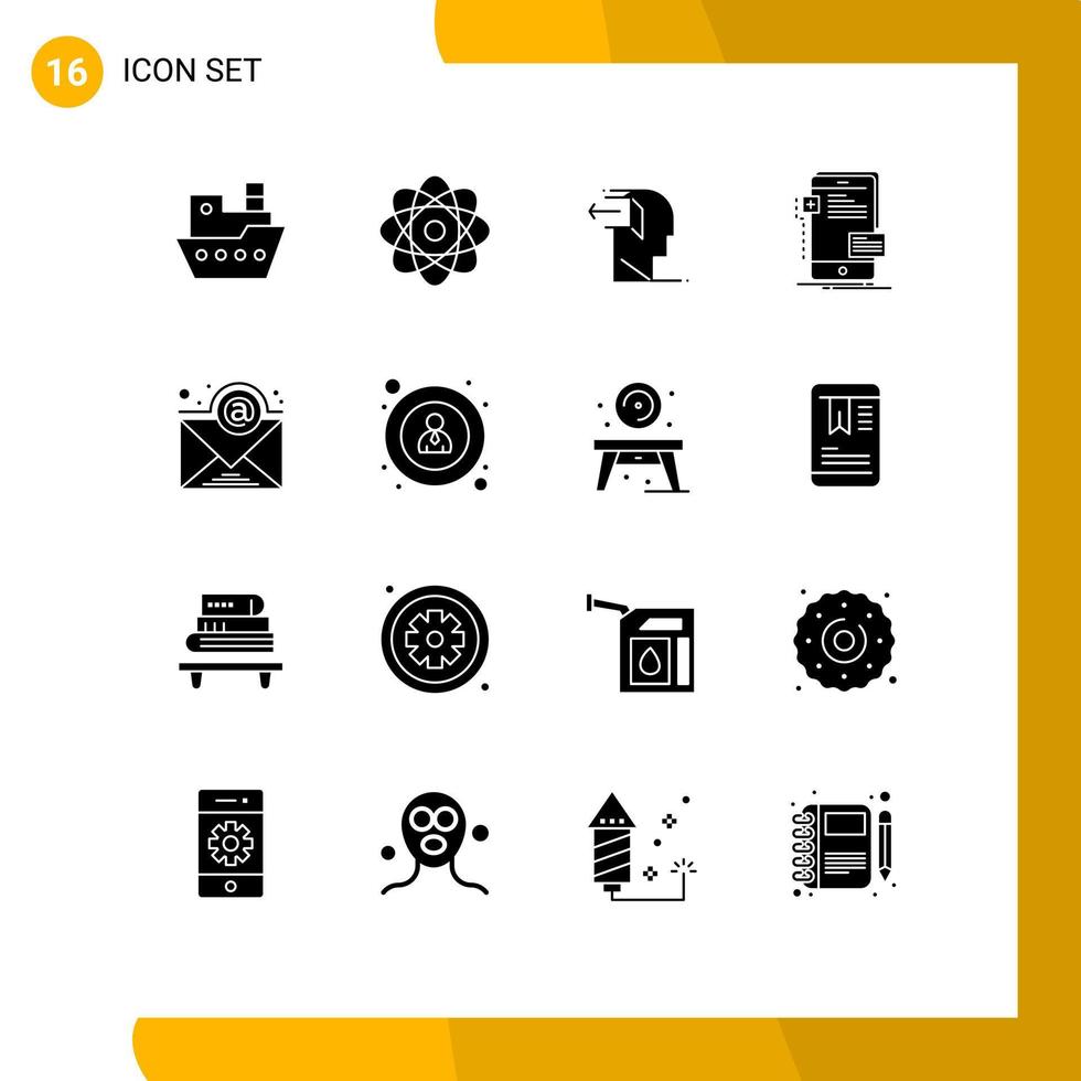 conjunto de glifos sólidos de interface móvel de 16 pictogramas de elementos de design de vetores editáveis de mente de telefone de e-mail