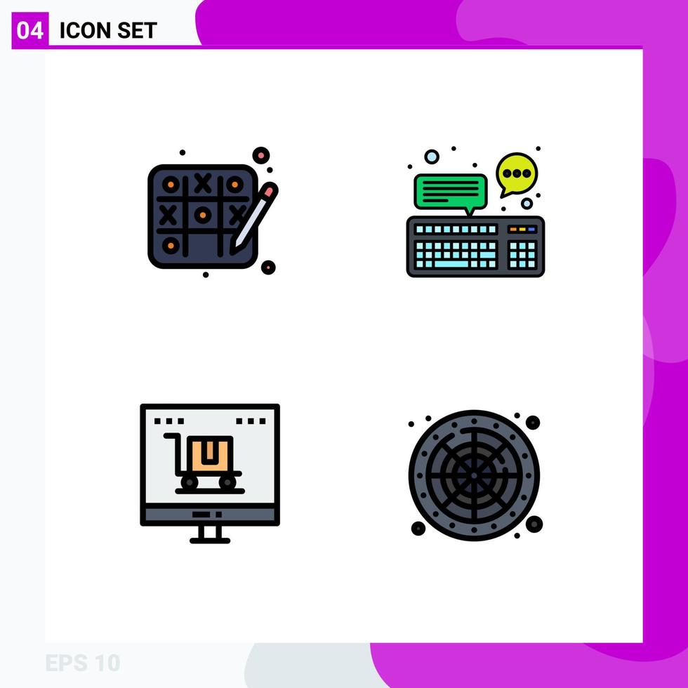 conjunto moderno de pictograma de 4 cores planas de linha preenchida de jogo da velha, bate-papo de negócios, teclado, marketing, elementos de design de vetores editáveis