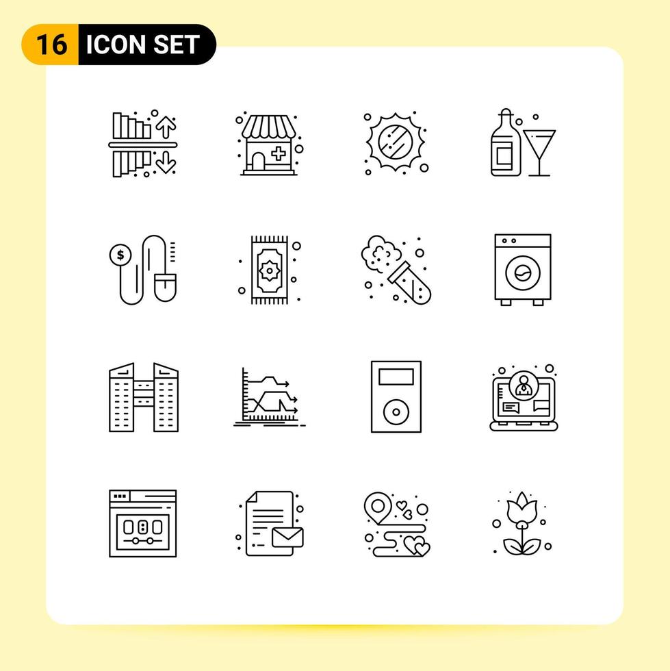 16 símbolos universais de sinais de contorno de elementos de design de vetores editáveis de garrafa de rato ensolarado de dólar de tapete