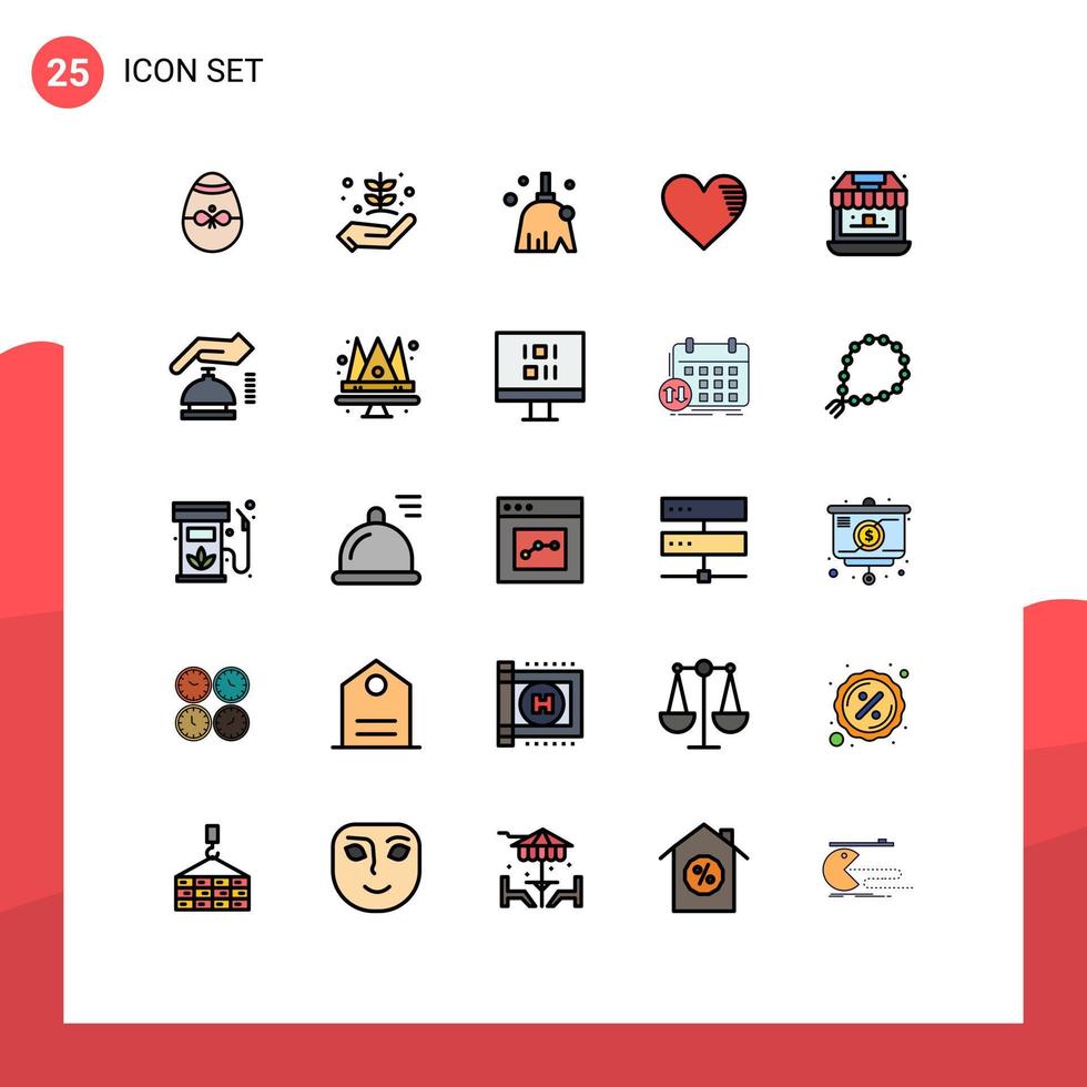 pacote de 25 sinais e símbolos modernos de cores planas de linha preenchida para mídia impressa na web, como amor favorito, elementos de design vetorial editáveis de limpeza do coração vetor