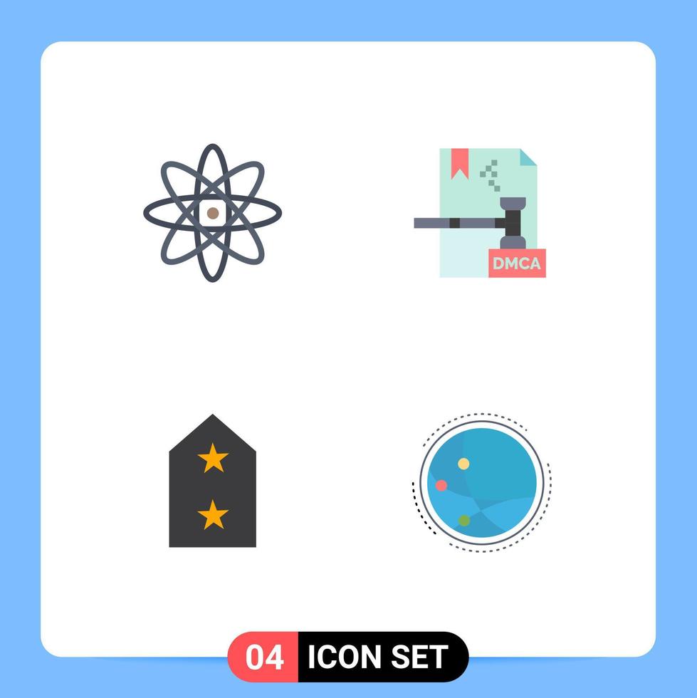 grupo de 4 ícones planos modernos definidos para elementos de design de vetor editável de metal dmca de negócios de crachá de átomo