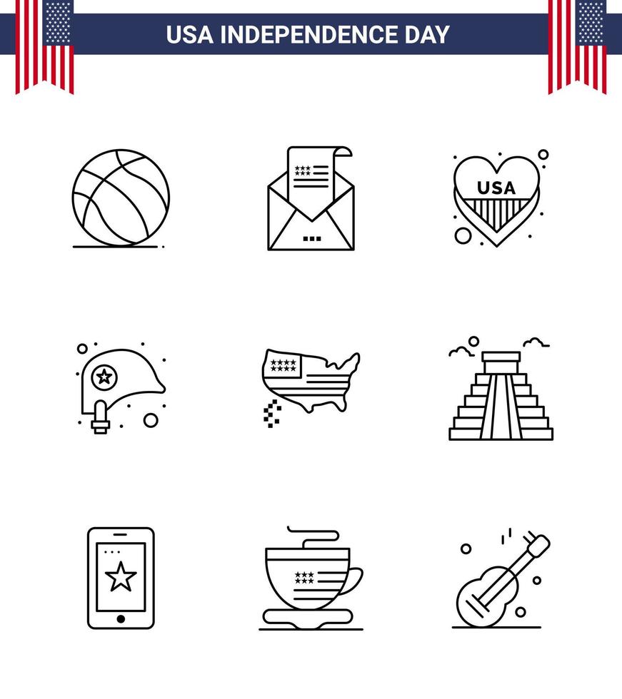 9 pacote de linha dos eua de sinais e símbolos do dia da independência do capacete de correio de proteção americano eua editável elementos de design do vetor do dia dos eua