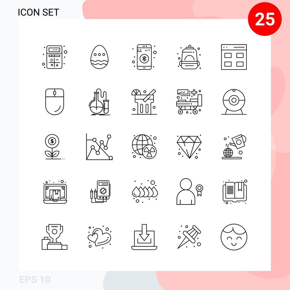 pacote vetorial de 25 ícones em pacote de esboço criativo de estilo de linha isolado em fundo branco para web e celular vetor