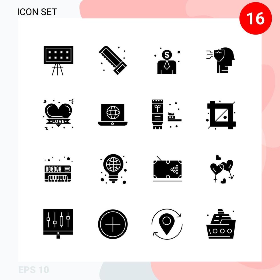 pacote vetorial de 16 ícones em pacote de glifos criativos de estilo sólido isolado em fundo branco para web e dispositivos móveis vetor