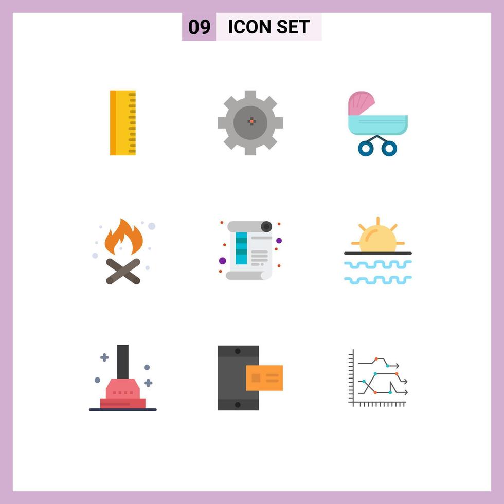 pacote de 9 sinais e símbolos modernos de cores planas para mídia impressa na web, como página de impressão, documento infantil, fogo, elementos de design vetorial editáveis vetor