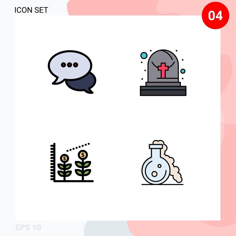 pacote de 4 sinais e símbolos modernos de cores planas de linha preenchida para mídia de impressão na web, como inicialização de bolhas, bate-papo, laboratório de túmulos, elementos de design de vetores editáveis