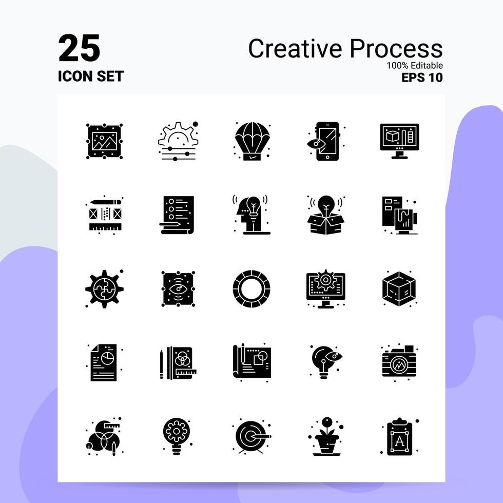 25 conjunto de ícones de processo criativo 100 eps editáveis 10 arquivos idéias de conceito de logotipo de negócios design de ícone de glifo sólido vetor