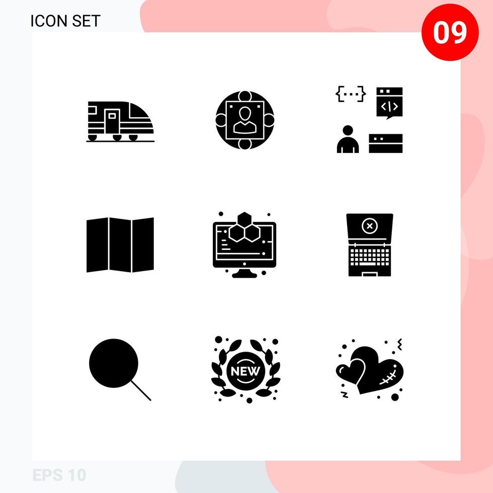 conjunto de glifos sólidos de interface móvel de 9 pictogramas de desenvolvimento de localização de produção de mapa de computador elementos de design de vetores editáveis
