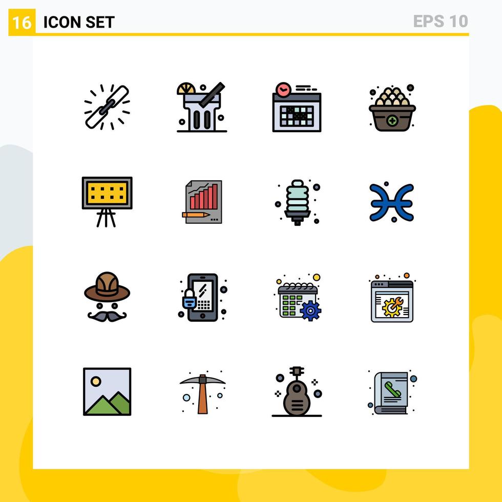 pacote de 16 sinais e símbolos modernos de linhas cheias de cores planas para mídia impressa na web, como calendário de alfabeto educacional, adicionar elementos de design de vetores criativos editáveis de dieta