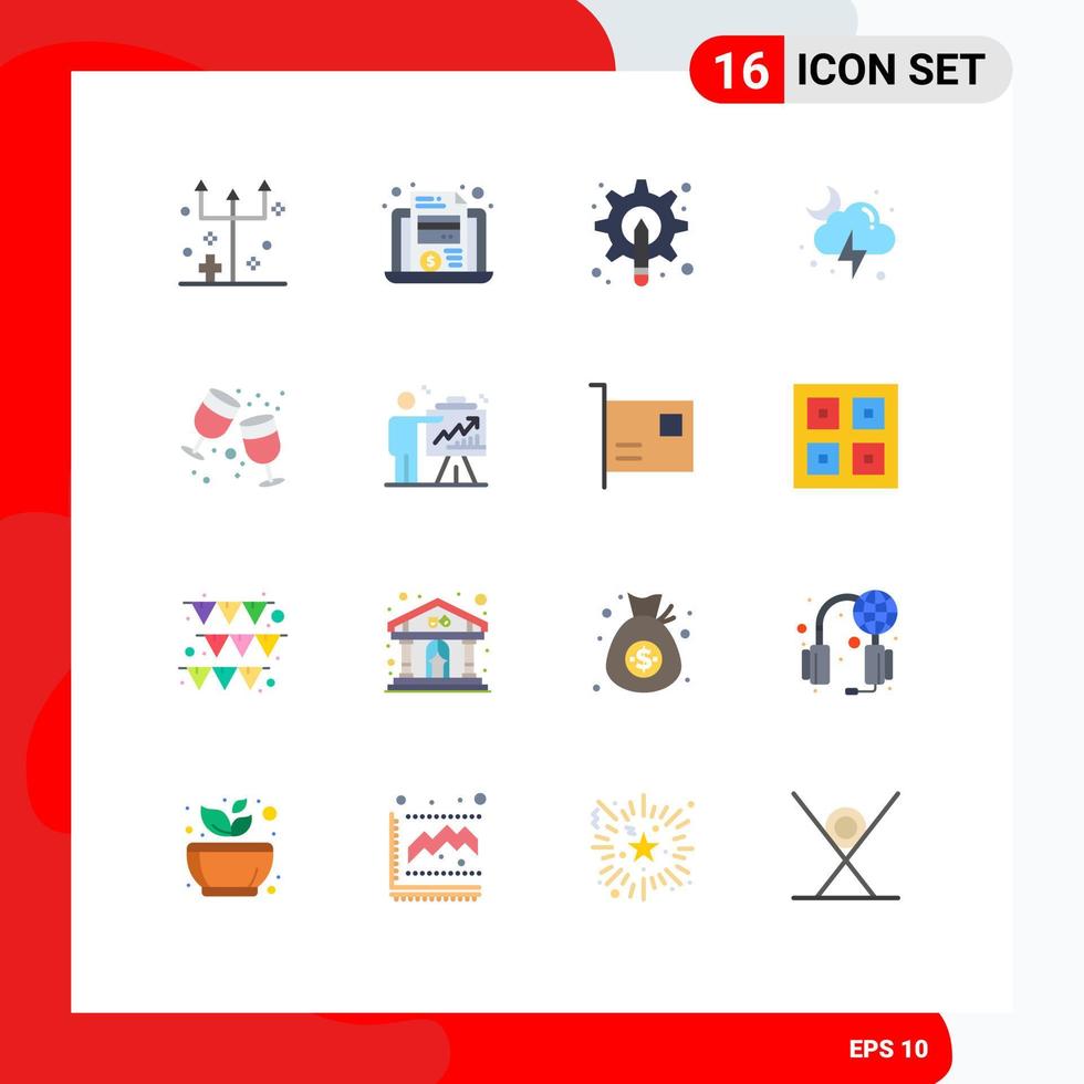 Pacote de cores planas de 16 interfaces de usuário de sinais e símbolos modernos de cartão de raio de tempestade ferramenta de nuvem pacote editável de elementos de design de vetores criativos