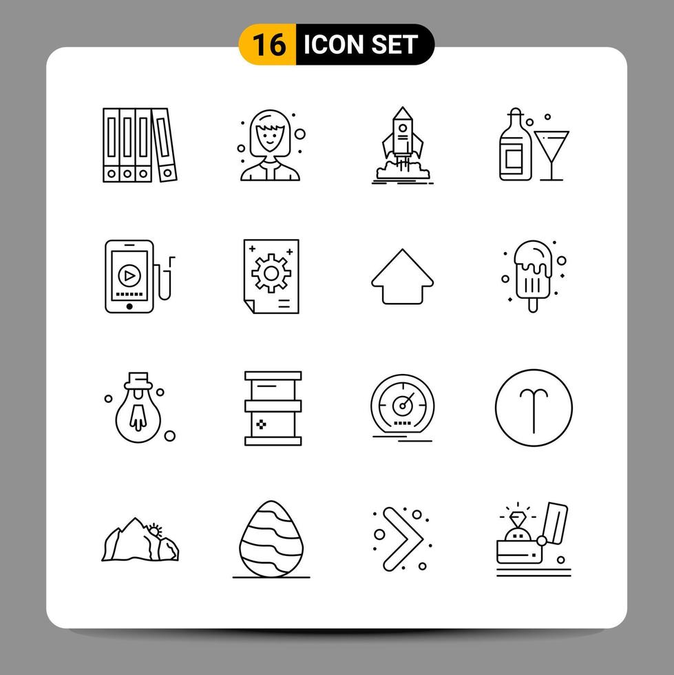 16 sinais de símbolos de contorno de pacote de ícones pretos para designs responsivos em conjunto de 16 ícones de fundo branco vetor