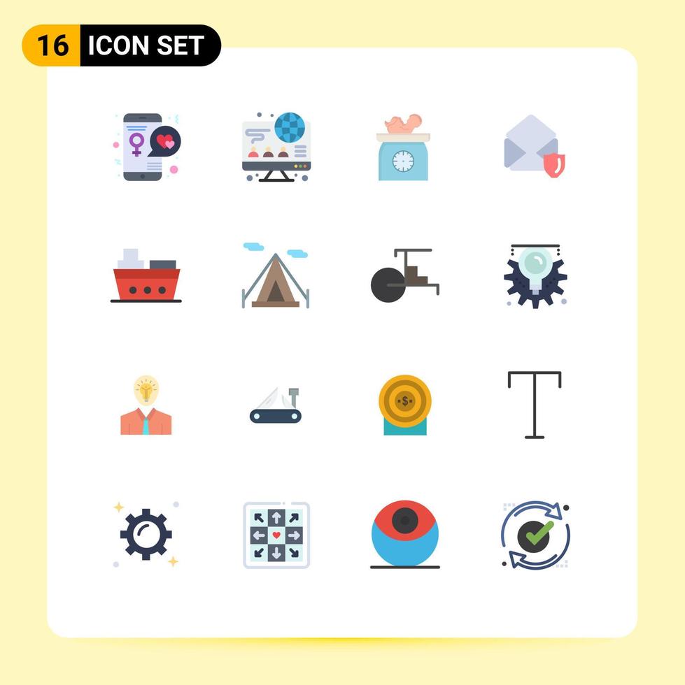 Pacote de cores planas de 16 interfaces de usuário de sinais e símbolos modernos de pacote editável de crianças de correio de peso aberto de barco de elementos de design de vetores criativos