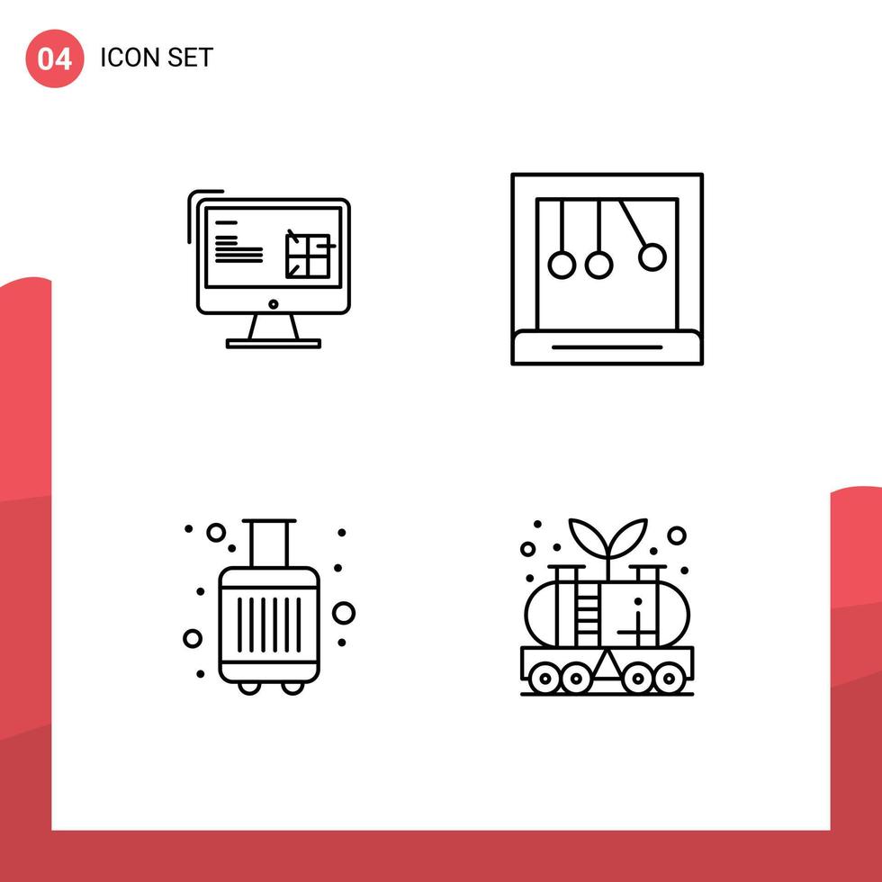 conjunto moderno de 4 cores e símbolos planos de linha preenchida, como bolsas de computador, berço de lcd, elementos de design de vetores editáveis para turistas