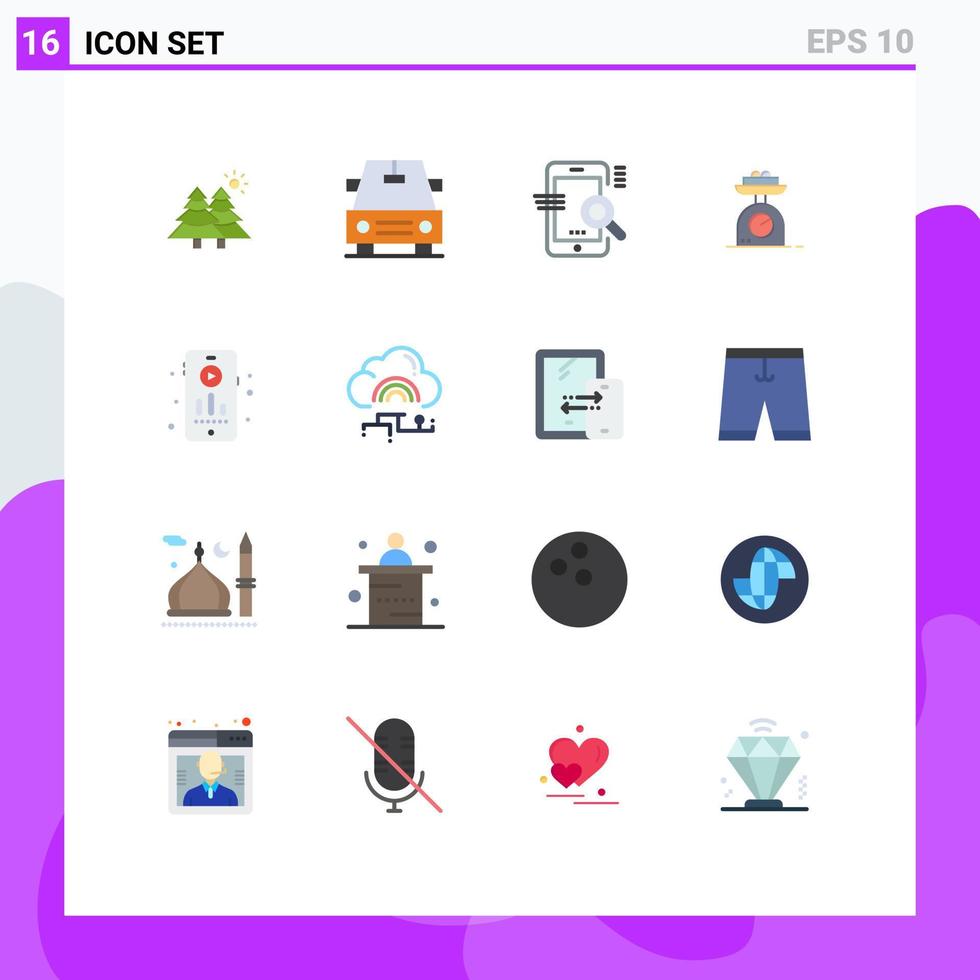 conjunto de cores planas de interface móvel de 16 pictogramas de áudio de passatempo otimiza pacote editável de escala de peso de elementos de design de vetores criativos
