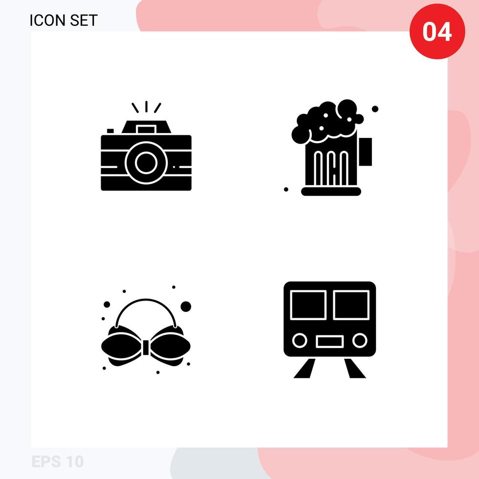 conjunto moderno de pictograma de 4 glifos sólidos de fotografia de gravata de câmera festa ferroviária elementos de design de vetores editáveis