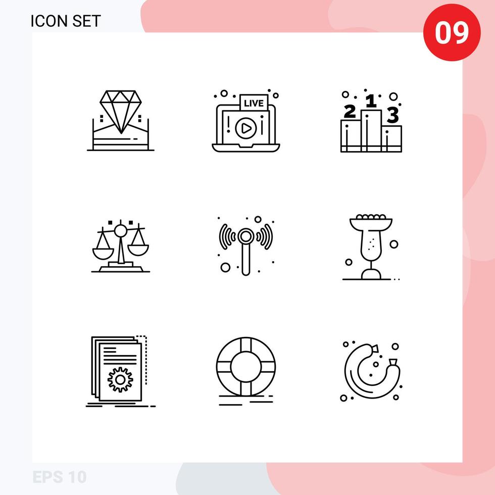 9 sinais de contorno universal símbolos de wifi finanças negócios justiça equilíbrio elementos de design de vetores editáveis