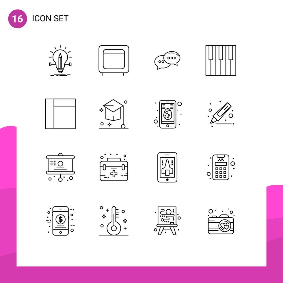 pacote de ícones de vetores de ações de 16 sinais e símbolos de linha para teclado de piano, dinheiro, conversa de áudio, elementos de design de vetores editáveis