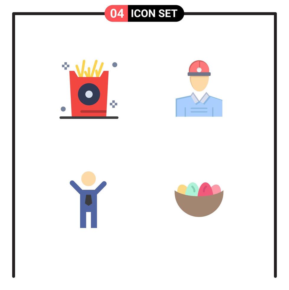grupo de 4 ícones planos, sinais e símbolos para batatas fritas, trabalhador de festa de negócios, vencedor, elementos de design de vetores editáveis