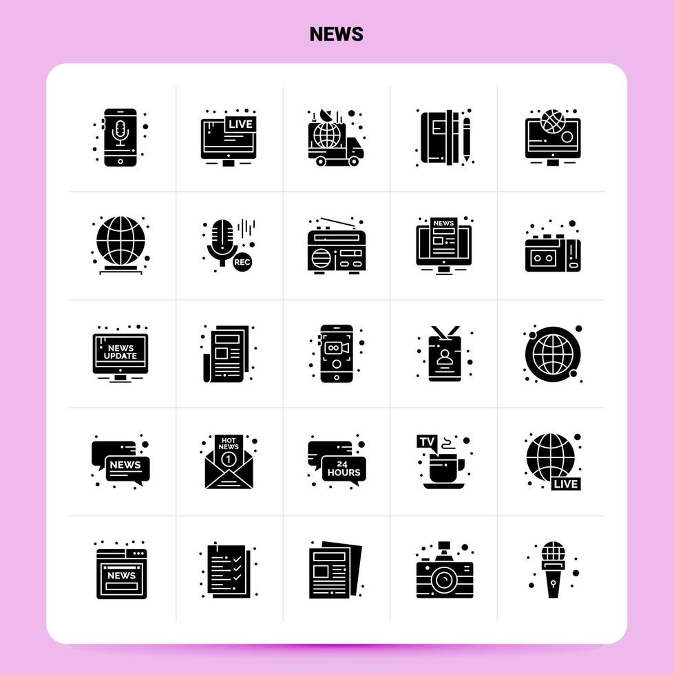 conjunto de ícones sólidos de 25 notícias design de estilo glifo vetorial conjunto de ícones pretos web e design de ideias de negócios móveis ilustração vetorial vetor