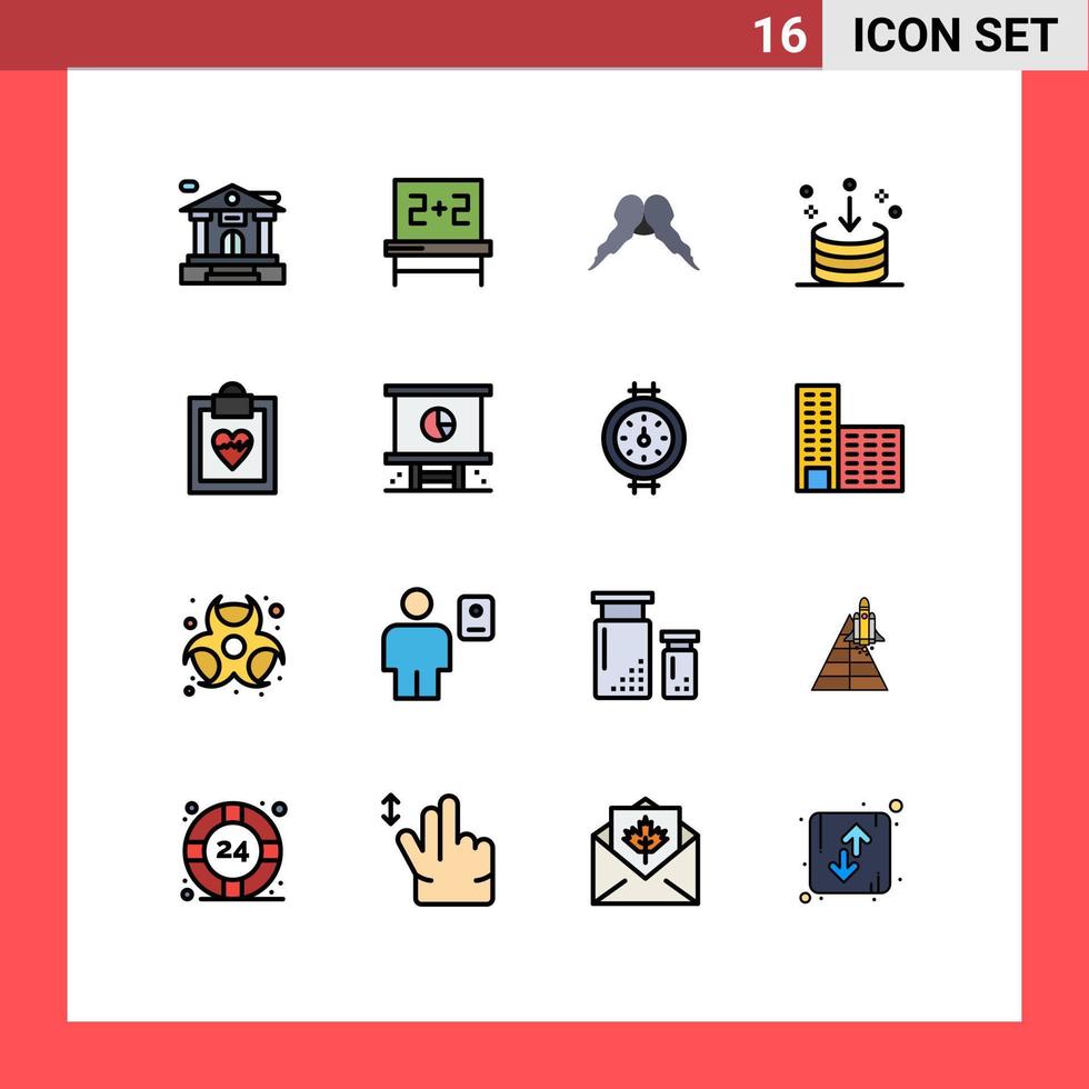 pacote de 16 sinais e símbolos de linhas preenchidas de cores planas modernas para mídia de impressão na web, como interface médica movember importar para baixo elementos de design de vetores criativos editáveis