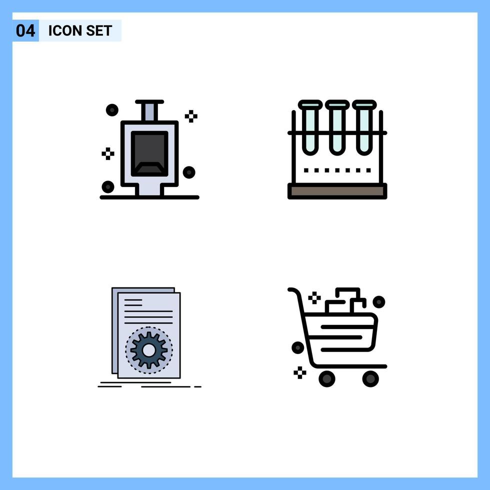 pacote de 4 sinais e símbolos modernos de cores planas de linha preenchida para mídia de impressão na web, como mictório, frasco químico executável, vidraria de laboratório, executando elementos de design vetorial editáveis vetor