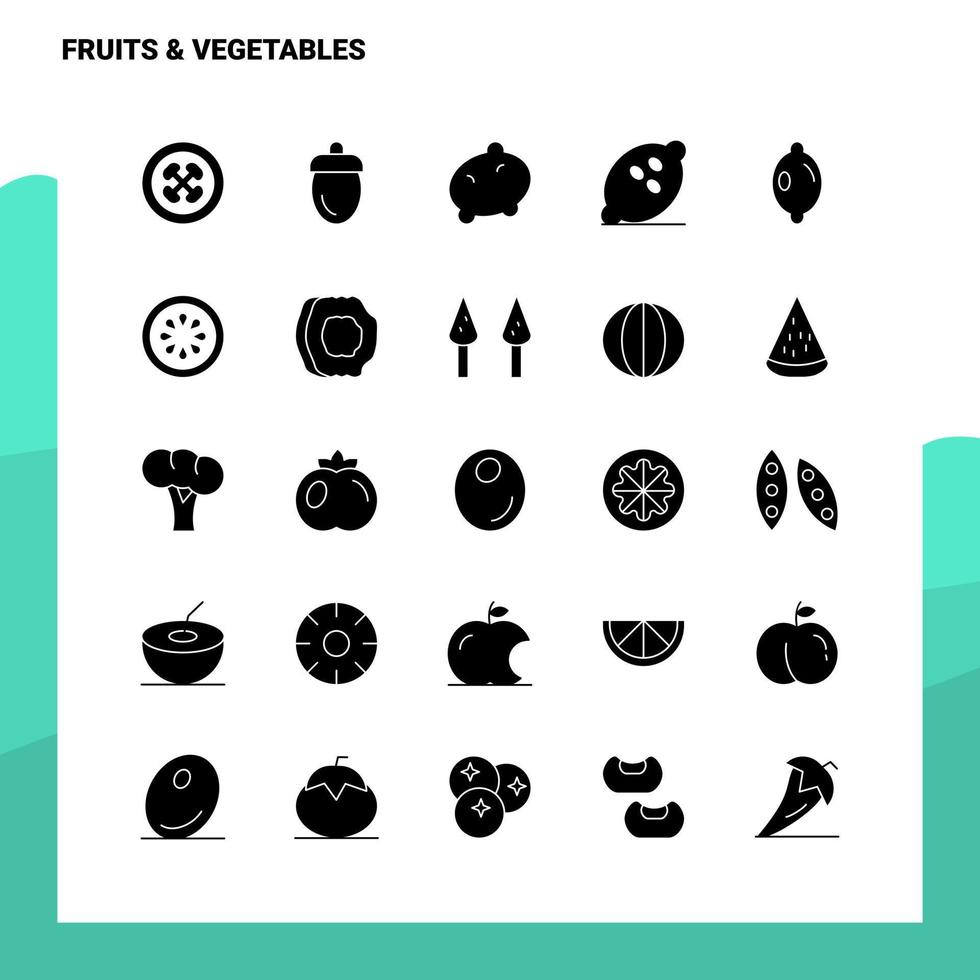 Conjunto de ícones de 25 frutas e legumes modelo de ilustração vetorial de ícone de glifo sólido para web e ideias móveis para empresa de negócios vetor