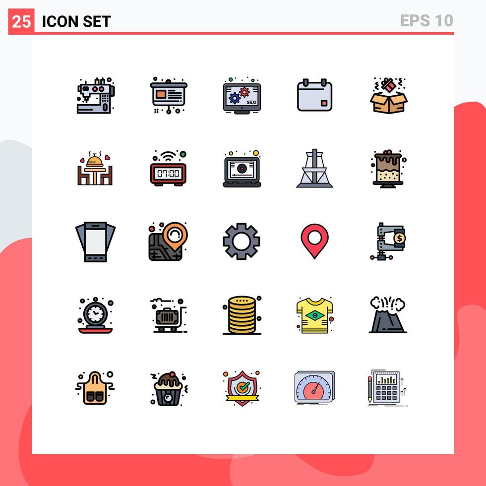 25 interface do usuário pacote de cores planas de linha cheia de sinais modernos e símbolos de elementos de design de vetores editáveis de calendário de apresentação de data de caixa