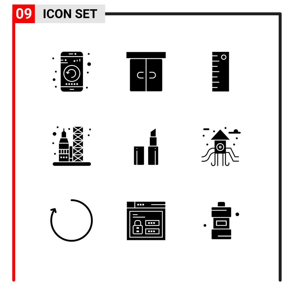 pacote de glifo sólido de 9 símbolos universais de transporte interior de espaço de maquiagem lança elementos de design de vetores editáveis