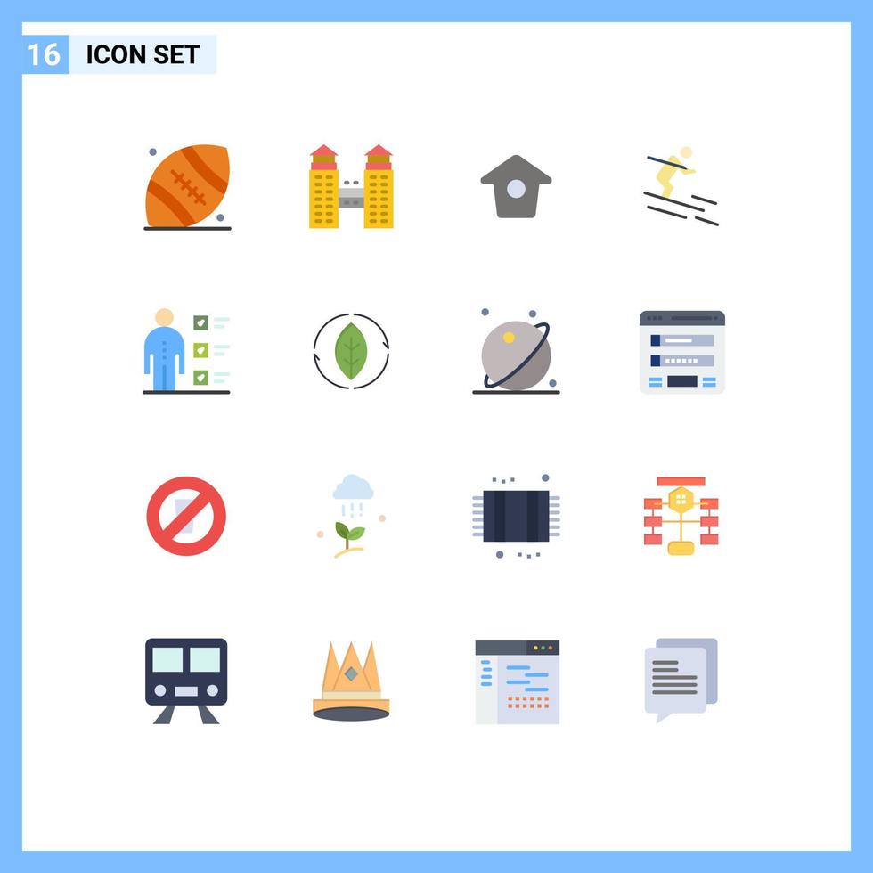 conjunto de pictogramas de 16 cores planas simples de habilidades de tweet de lista de verificação pessoal esquiando pacote editável de elementos de design de vetores criativos