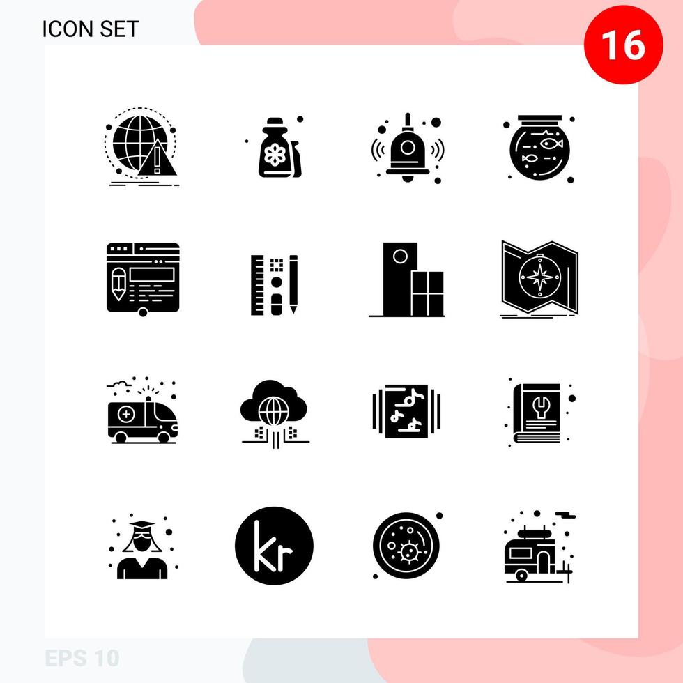 pacote vetorial de 16 ícones em pacote de glifos criativos de estilo sólido isolado em fundo branco para web e dispositivos móveis vetor