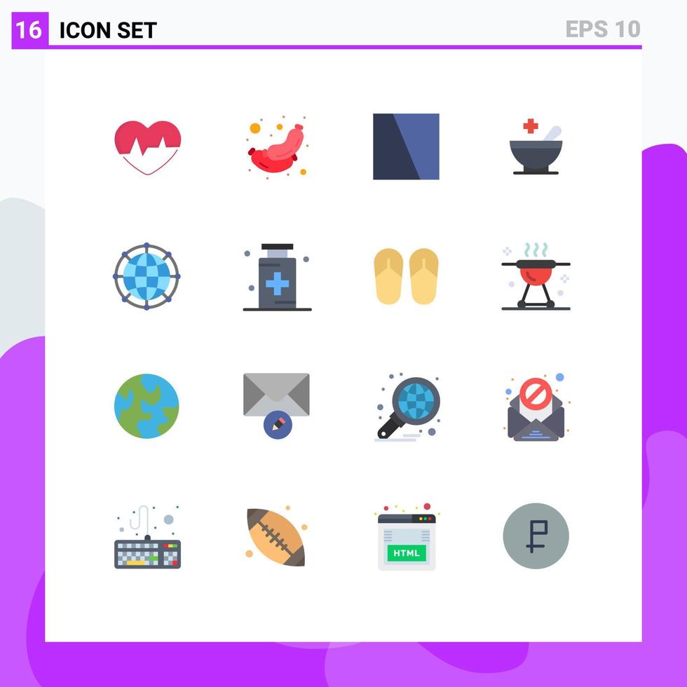 conjunto de cores planas de interface móvel de 16 pictogramas de layout de paciente de café da manhã de tigela global pacote editável de elementos de design de vetores criativos