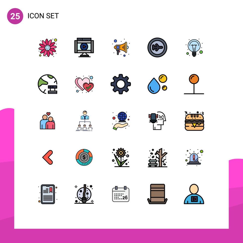 pacote de interface do usuário de 25 cores planas de linha preenchida básica de elementos de design de vetores editáveis de campanha de viagens de eletricidade