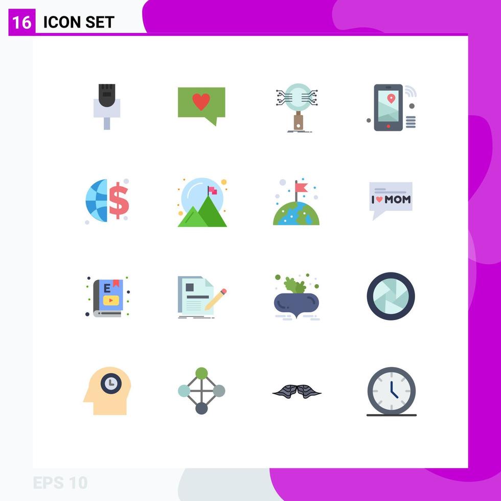 conjunto moderno de pictograma de 16 cores planas de dinheiro finanças pesquisa localização wi-fi pacote editável de elementos de design de vetores criativos