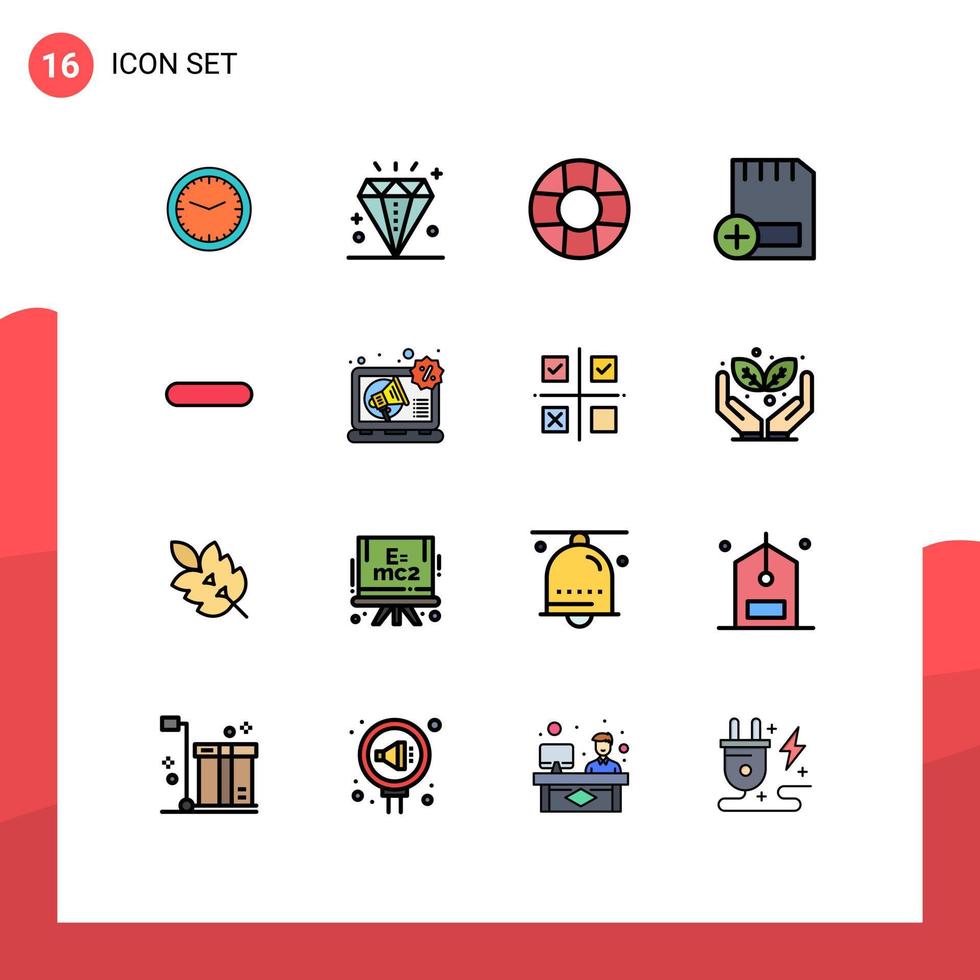 16 interface do usuário pacote de linha cheia de cores planas de sinais e símbolos modernos de menos elementos de design de vetores criativos editáveis de cartão de dispositivos de férias de hardware