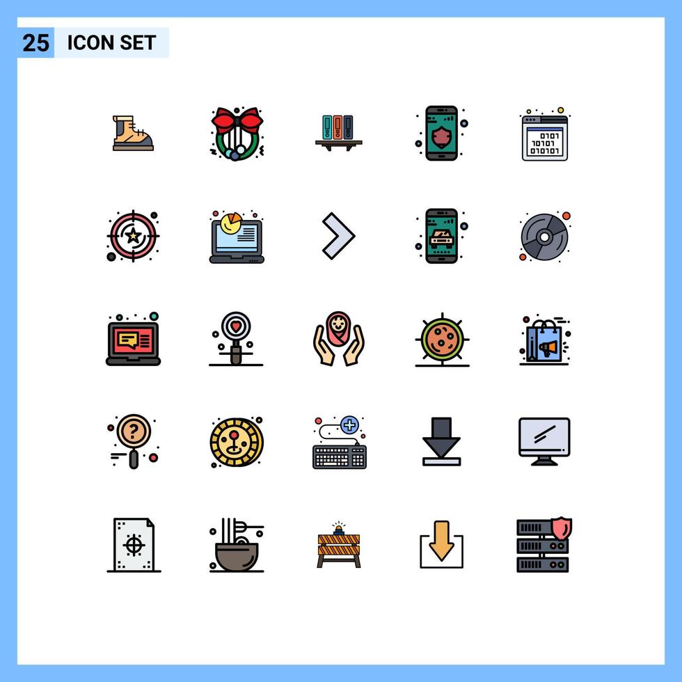 pacote de cores planas de linha preenchida de 25 símbolos universais de arquivos de dados de segurança, documentos de armazenamento, elementos de design vetorial editáveis vetor