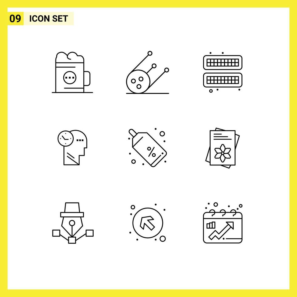 9 ícones criativos, sinais e símbolos modernos de compras, pensamentos frios, tempo, elementos de design vetorial editáveis vetor