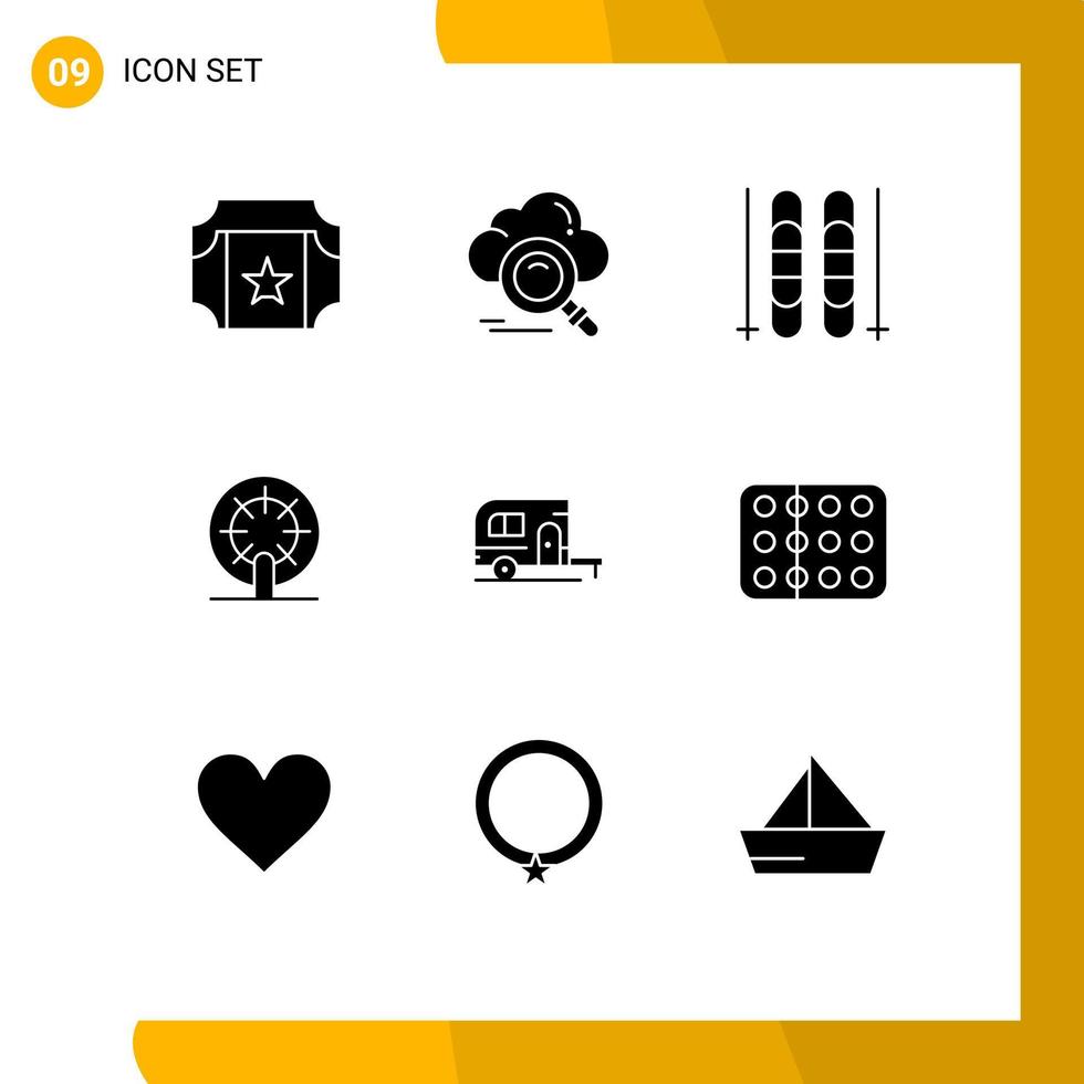 9 interface do usuário pacote de glifos sólidos de sinais e símbolos modernos de elementos de design de vetores editáveis de navio de gelo de caravana de acampamento