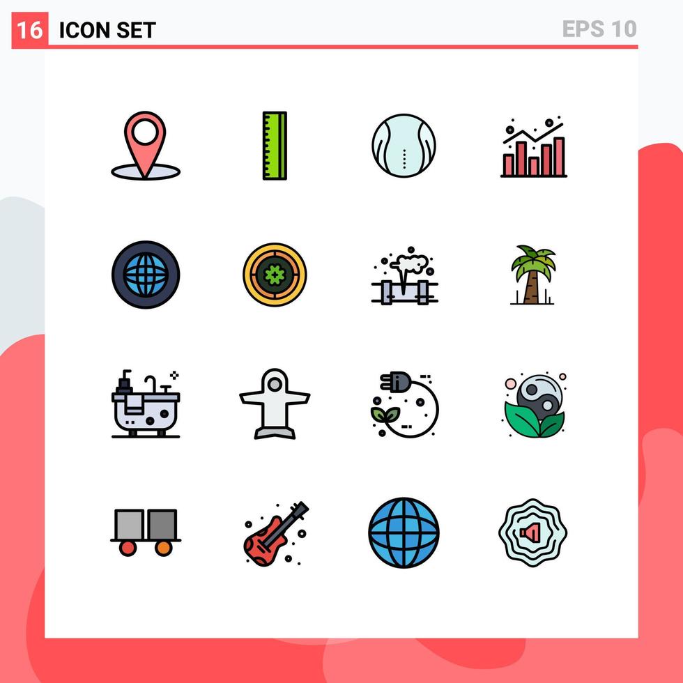 conjunto de linhas preenchidas de cores planas de interface móvel de 16 pictogramas de estatísticas esportivas do centro global relatam elementos de design de vetores criativos editáveis