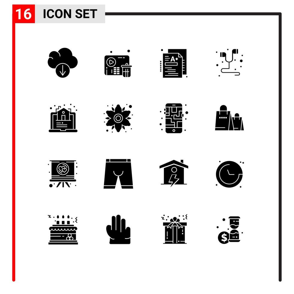 conjunto de 16 sinais de símbolos de ícones de interface do usuário modernos para imóveis um fone de ouvido de smartphone elementos de design de vetores editáveis