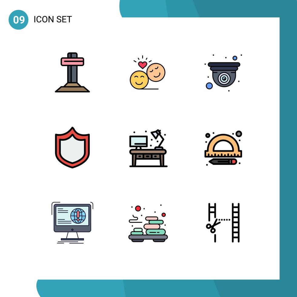 9 interface do usuário pacote de cores planas de linha cheia de sinais e símbolos modernos de escudo vivo proteção dos namorados elementos de design de vetores editáveis da web