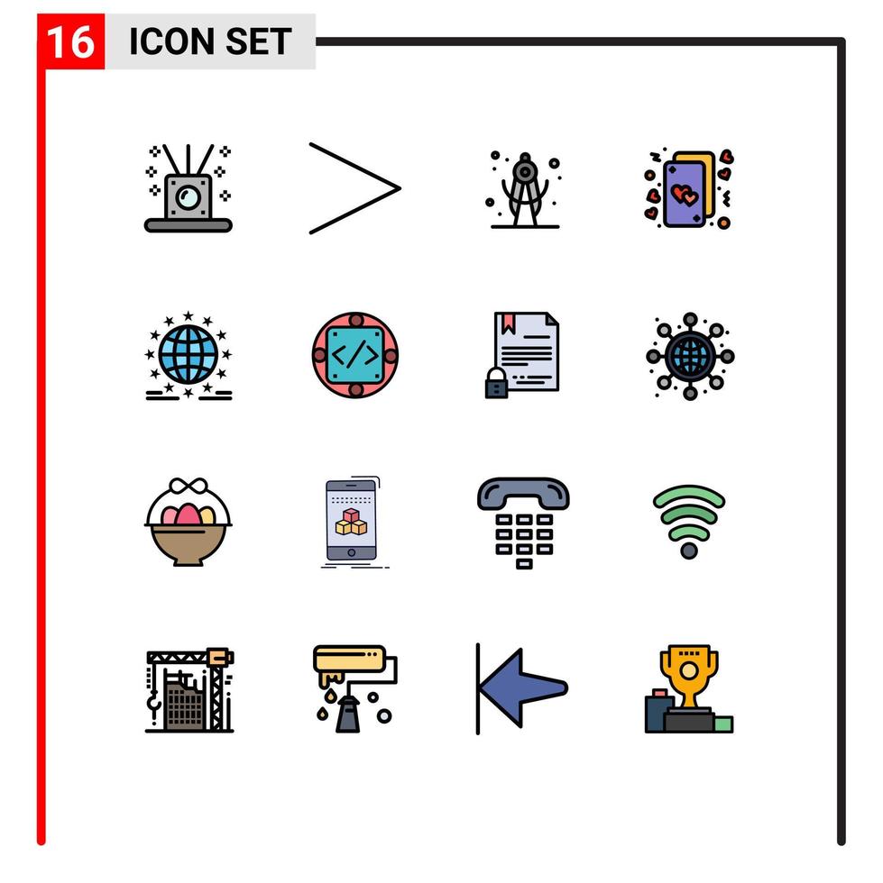 conjunto de pictogramas de 16 linhas simples preenchidas de cores planas de geometria gdpr da internet, corações de amor, elementos de design de vetores criativos editáveis