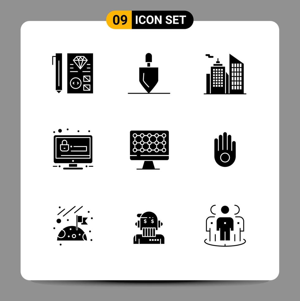 9 conceito de glifo sólido para sites móveis e aplicativos, ferramentas de segurança de tecnologia, senha de conta, elementos de design vetoriais editáveis vetor