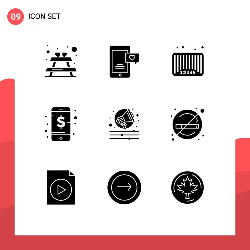 pacote de interface de usuário de 9 glifos sólidos básicos de elementos de design de vetores editáveis de negócios de telefone de barra inteligente de campanha