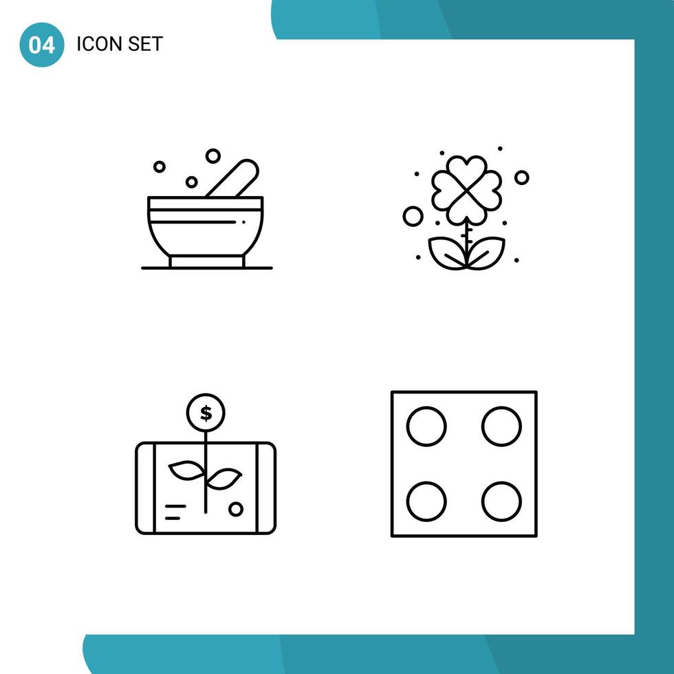 grupo de 4 sinais e símbolos de cores planas de linha preenchida para elementos de design de vetor eletro editável de negócios de trevo de tigela